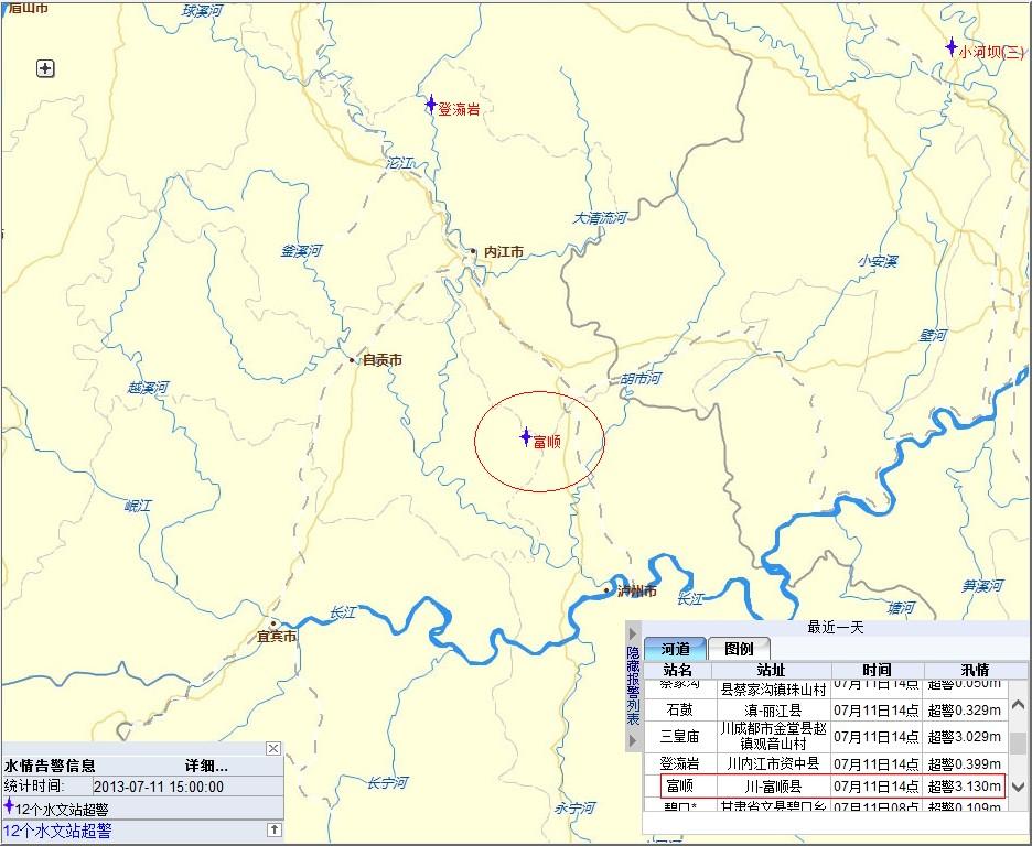 截至今天14时,四川自贡市富顺县水文站超警戒水位3.13米.图片