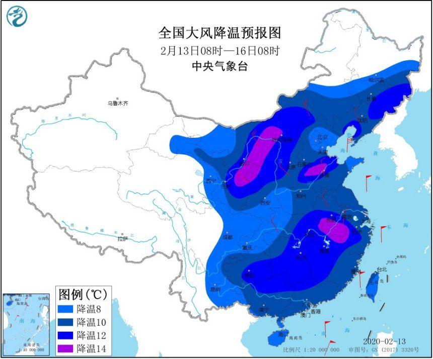 寒潮黄色预警 东北西北华北等地降温可达12℃至14℃