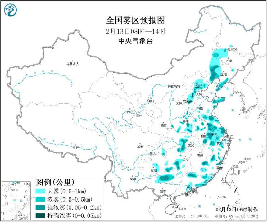 大雾黄色预警 超14省区市局地能见度小于200米