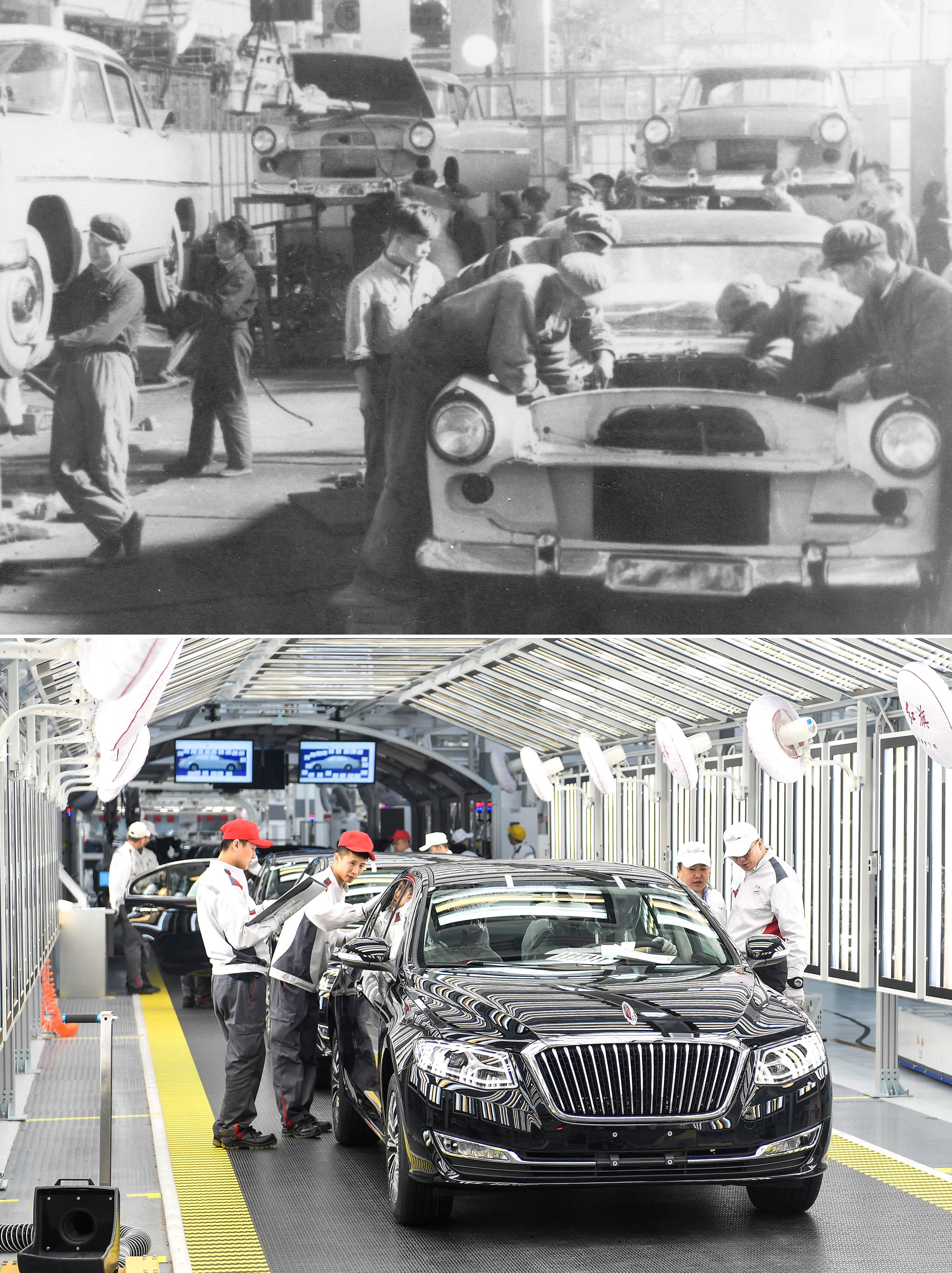 拼版照片：上图为1958年拍摄的第一汽车制造厂(资料照片)。这里生产了第一批红旗轿车；下图为2019年4月9日，在一汽红旗总装车间内，职工在对生产的红旗轿车进行静检作业。