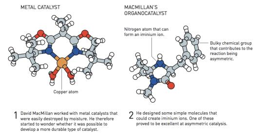 戴维·麦克米伦研究的金属催化剂很容易被水分破坏，因此他开始思考是否有可能开发一种更耐用的催化剂。他设计了一些简单分子来制造亚胺离子，其中一种在不对称催化方面表现出色。