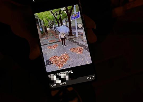 沈阿姨箱记者展示手机中的照片：4月14日，她曾出门配药，遇见一个二十岁左右的女生在街头，把雨后的落叶扫成爱心形状。澎湃新闻记者 邹佳雯 图
