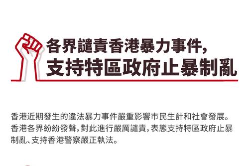 各界谴责香港暴力事件，支持特区政府止暴制乱