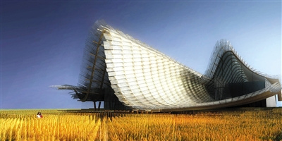 中国侨网2015年意大利米兰世博会中国馆设计图，其中“回望田野”由2万根人工“麦秆”组成。中国馆将于4月下旬完工，5月1日按时开幕。