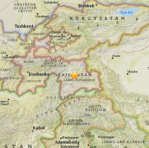 塔吉克斯坦东部7.2级地震震源深度28.7公里