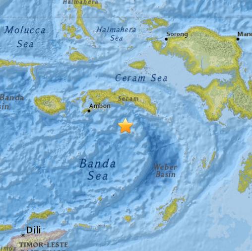 印尼海域发生5.1级地震 震源深度76.7公里