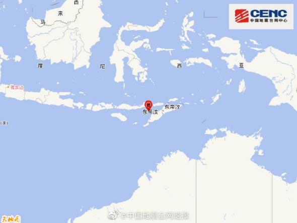 帝汶岛附近海域发生5.2级地震震源深度100千米