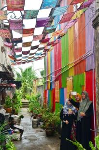 花草巷以Q迪布作为天幕，还有一幅色彩缤纷的墙壁，成为游客拍照的景点。（马来西亚《星洲日报》）