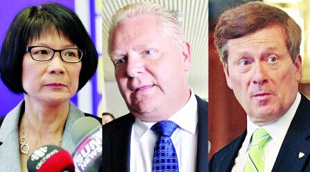 中国侨网3位多伦多市长候选人左起邹至蕙、道格福特、庄德利。（加拿大《明报》）