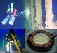 中国侨网探险队拍到水底的“温哪号”沉船残骸，和展示该船的对象。(澳大利亚《星岛日报》资料图片)