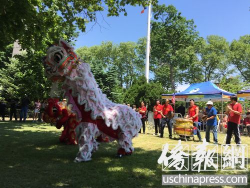中国侨网华联会带来的舞狮表演。（美国《侨报》/崔国萁 摄）