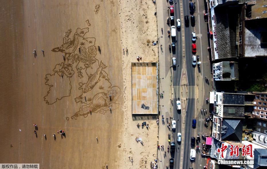 英国海滩现巨型沙画 呼吁年轻人关注野生动物