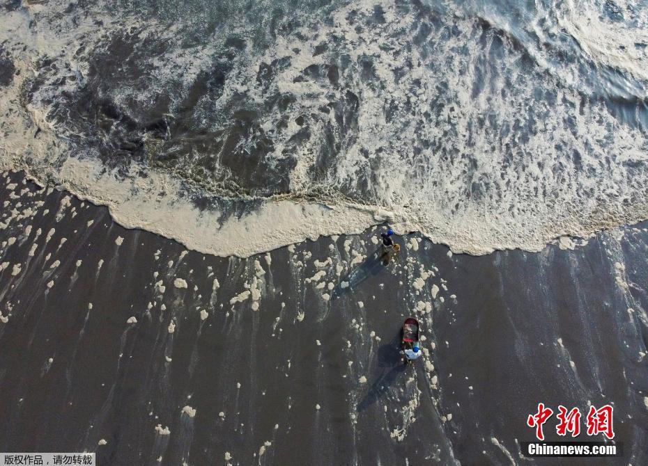 秘鲁遭污染海滩清理现场：黑色油污遍布海岸