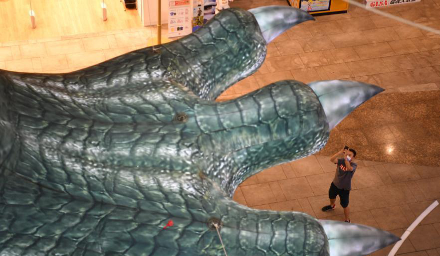 6月19日，市民在“恐龍”腳底拍照。近日，一只充氣巨型“恐龍腿”亮相昆明市的大悅城，吸引眾多市民的目光。 