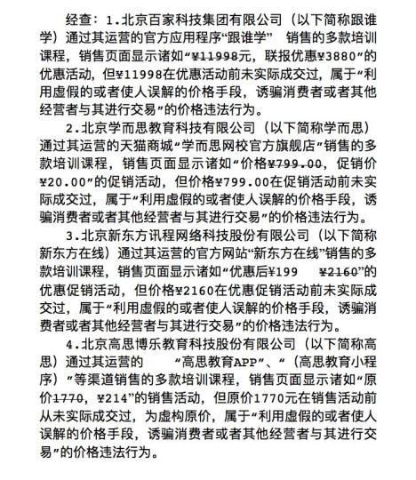     北京对4家校外教育培训机构价格违法行为顶格罚款。北京市市场监督管理局供图　北京市市场监督管理局供图