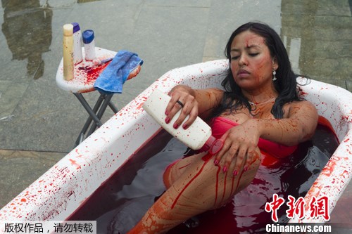 哥伦比亚美女血浴缸中沐浴 抗议用动物做实验