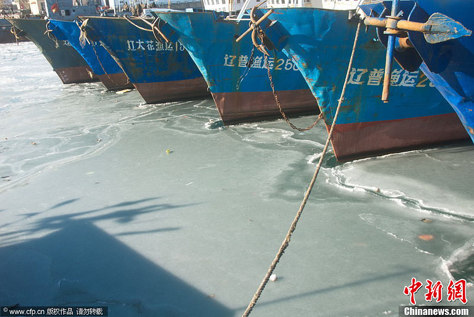 大连港区黑嘴子渔港码头大面积结冰