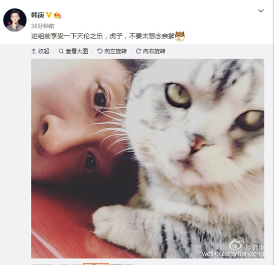 韩庚进组前与爱猫合影网友调侃：猫比你帅（图）