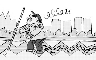 王成喜/画山西太原恒山路十里铺路段,因道路弯曲造成盲道曲折,百米内