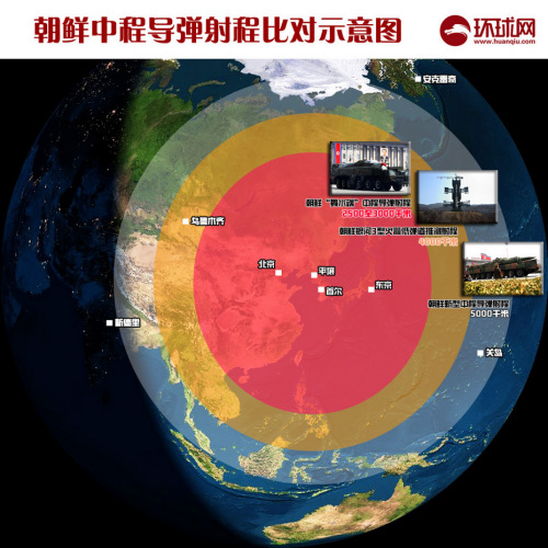 外媒绘制朝鲜弹道导弹射程覆盖范围