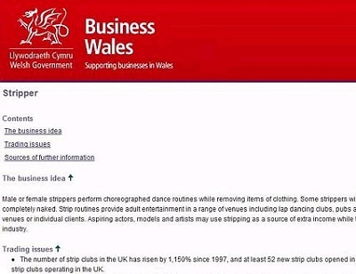 Business Wales网站上有关跳脱衣舞的职业建议截图 Business Wales网站上有关跳脱衣舞的职业建议截图
