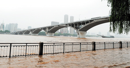 5月26日,长沙橘子洲沿江游道被洪水“占据”,只露出护栏部分。 龙弘涛 摄 5月26日,长沙橘子洲沿江游道被洪水“占据”,只露出护栏部分。 龙弘涛 摄