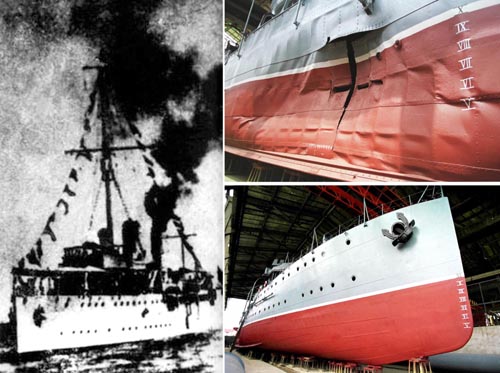 左图:沉没前的中山舰。右上图:修复后的中山舰保留了舰体右侧被日军炮火炸出的弹洞。 右下图:修复后的中山舰。 新华社发 左图:沉没前的中山舰。右上图:修复后的中山舰保留了舰体右侧被日军炮火炸出的弹洞。 右下图:修复后的中山舰。 新华社发