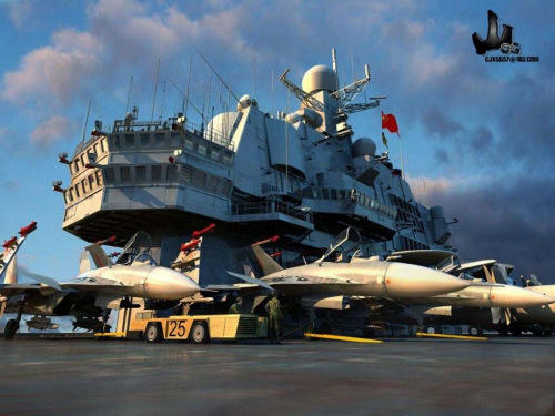 资料图:网友高山制作的歼15战机在辽宁舰的CG图 资料图:网友高山制作的歼15战机在辽宁舰的CG图