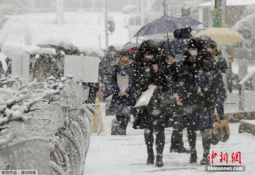 在日本名古屋,学生们顶着大雪参加高考.