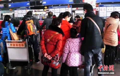北京首都机场国际机场的乘客在排队办理登机手续。(资料图)中新社发 钱兴强 摄