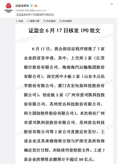 证监会核发7家企业IPO批文筹资总额预计不超88亿元