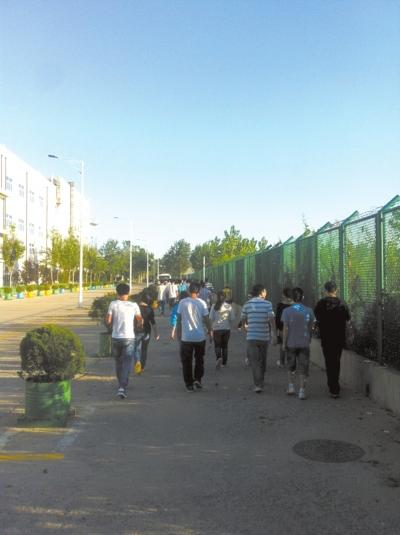 学生们一早走在去烟台富士康上班的路上。受访者供图