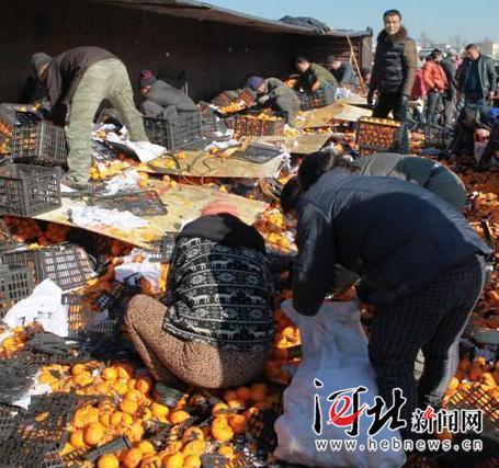 唐山货车侧翻 35吨鲜桔遭哄抢 所剩无几