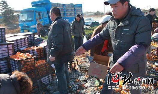 唐山货车侧翻 35吨鲜桔遭哄抢 所剩无几
