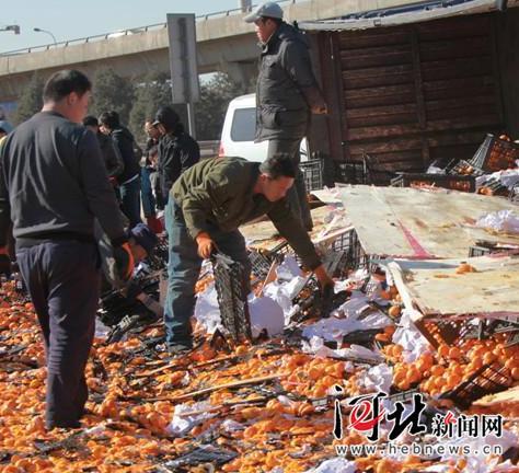 唐山货车侧翻 35吨鲜桔遭哄抢 所剩无几
