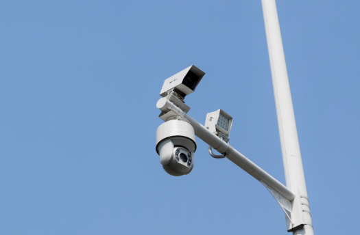 下车后,记者发现不远处的绿化带中的路灯杆较高的位置矗立着摄像头