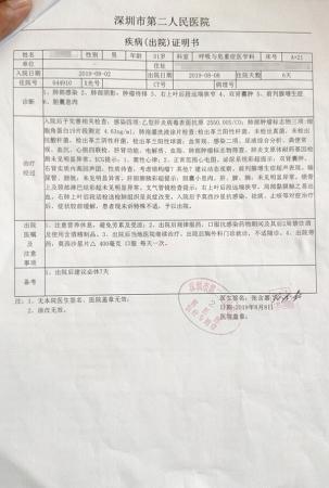陈先生出示的就医诊断文书显示,其父亲今年51岁,肺部感染,有恶性肿瘤