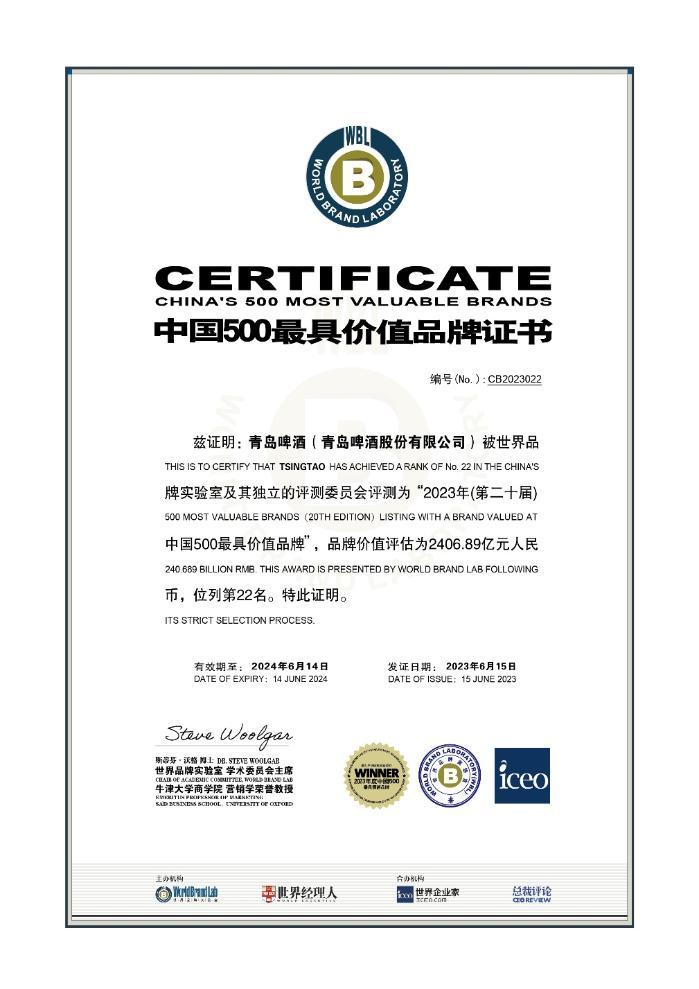 青岛啤酒品牌价值2406.89亿元连续20年摘得啤酒行业桂冠