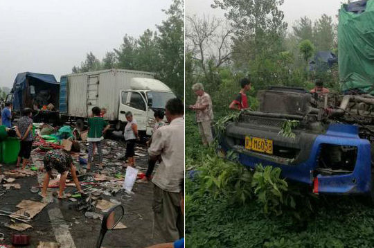 河河南邓州境内两货车深夜追尾 半挂车车头被撞掉