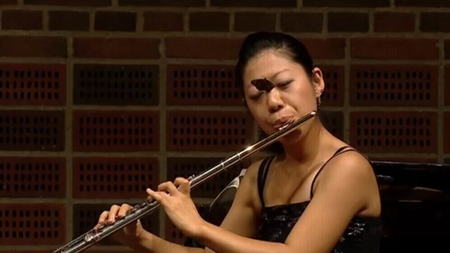 国际长笛比赛现特别“乐迷”蝴蝶留选手眉间