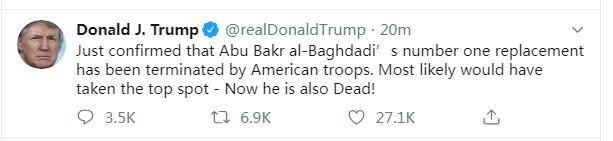 特朗普：巴格达迪的一号接班人也已被美军消灭