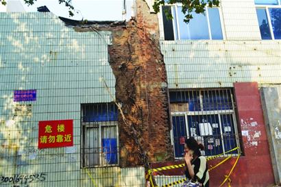 青岛一办公楼顶长棵树树根张力致墙体瓷砖掉落