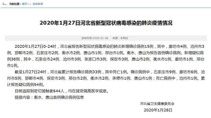 河北新型冠状病毒感染的肺炎确诊病例33例