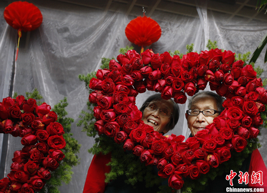 情人节50对金婚老人北京植物园秀恩爱