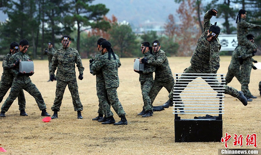 韩国特种兵展示头顶碎石等技艺