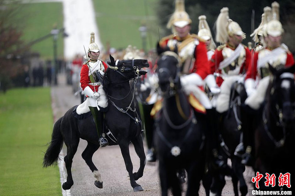 英女王欢迎科威特埃米尔 骑兵仪仗队马匹失控