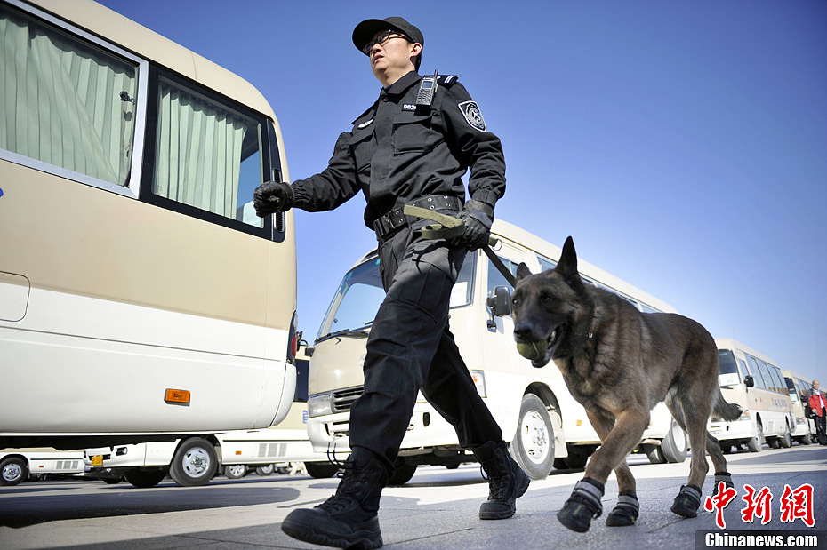 两会花絮:警察携警犬巡逻执勤