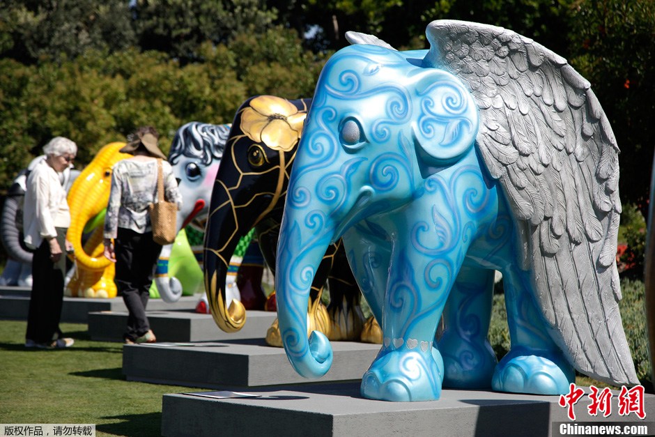 30只彩象亮相美国南加州呼吁关注濒危动物