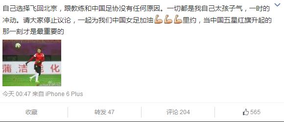王飞再发微博:一切因自己冲动为女足加油