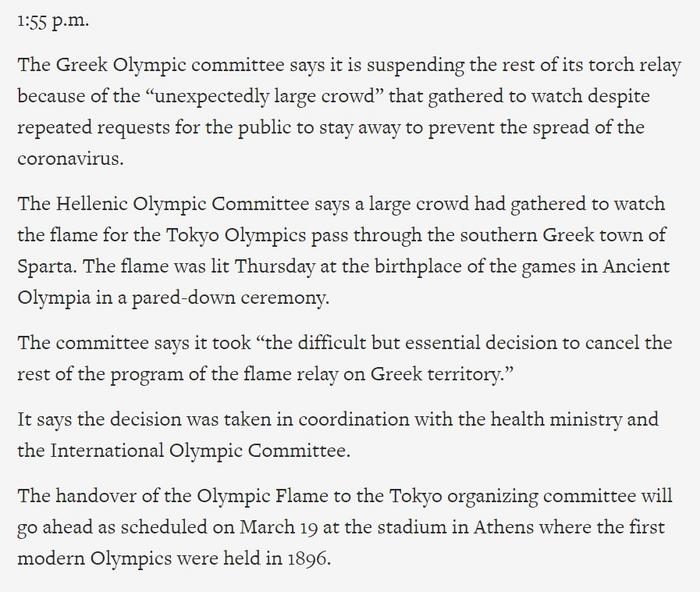 东京奥运火炬因疫情终止在希腊传递